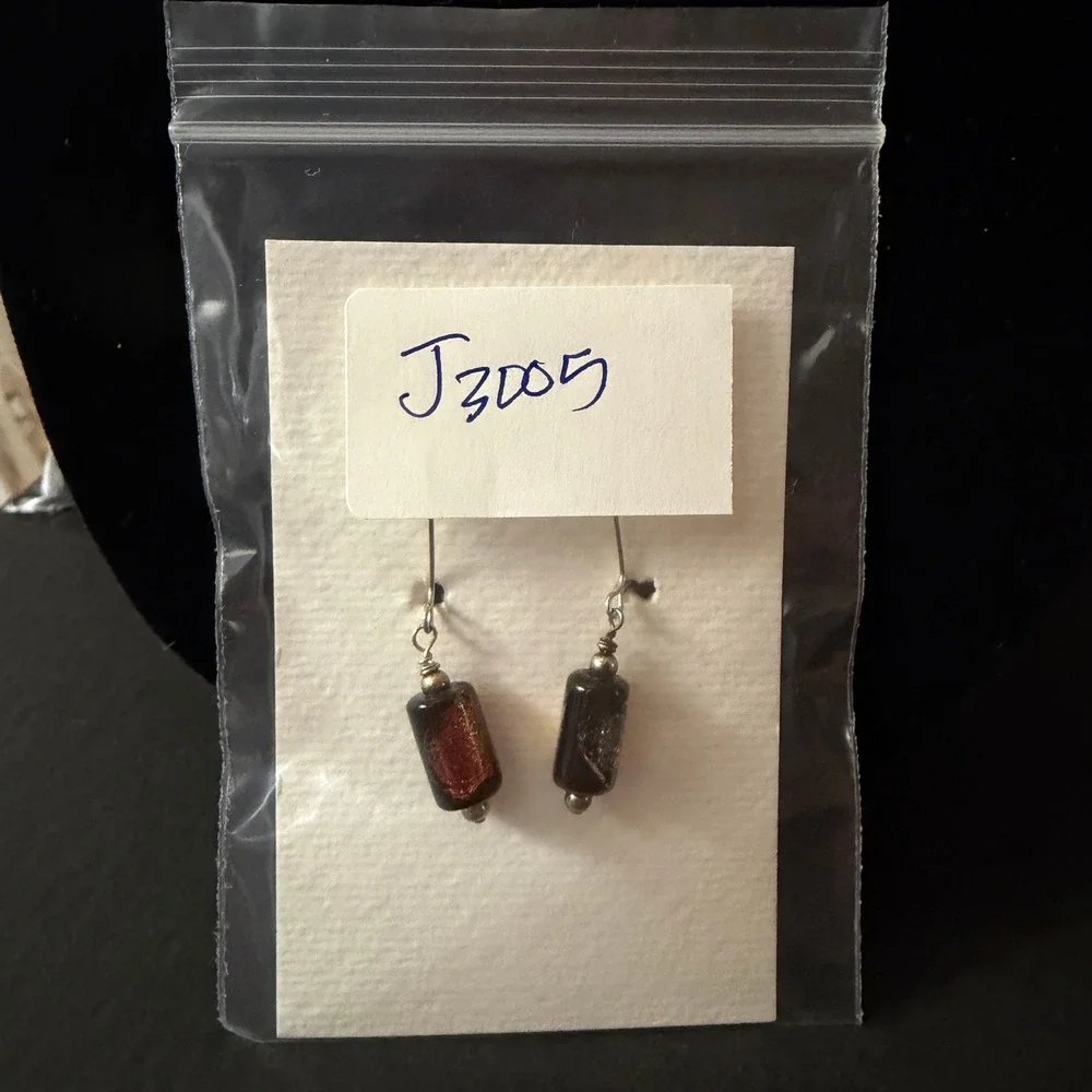 Dichroic Glass Bead‎ Drop Earrings Iridescent blk copper Cylinder Stephanie Aune
